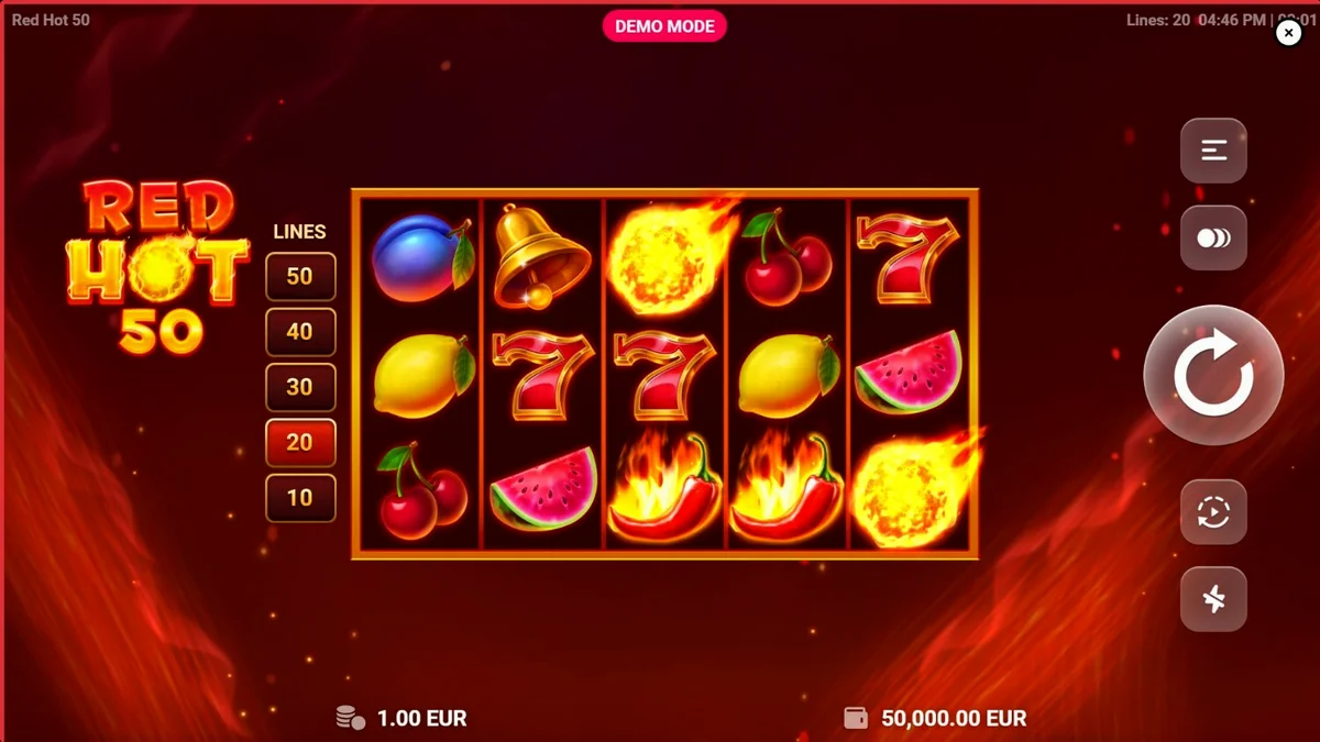 Interface do jogo Red Hot 50 com símbolos de frutas e tema vulcânico
